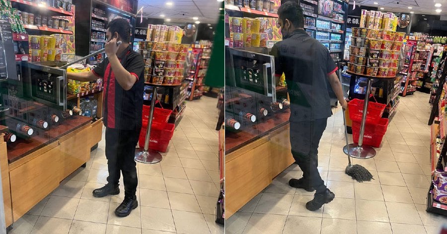 A viral picture of a popular 24-hour convenience store cleaner using a floor mop to clean the inside of a microwave has disgusted netizens.- Pic credit Twitter @AshrafChak