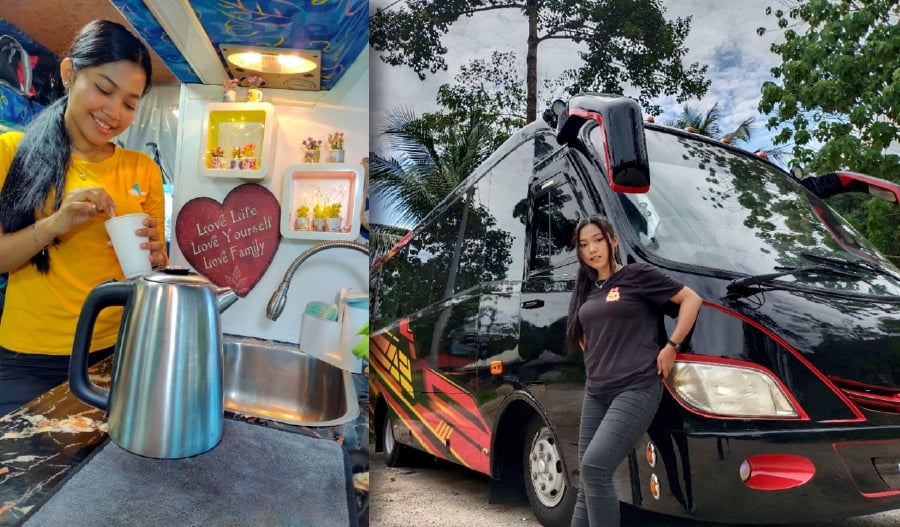  (Right) Nur Amira Syahira Azizul Abidin standing beside the bus that she bought and modified into a motor home. (Left) Nur Amira making a drink in the bus kitchen. PIC COURTESY OF NUR AMIRA SYAHIRA AZIZUL ABIDIN