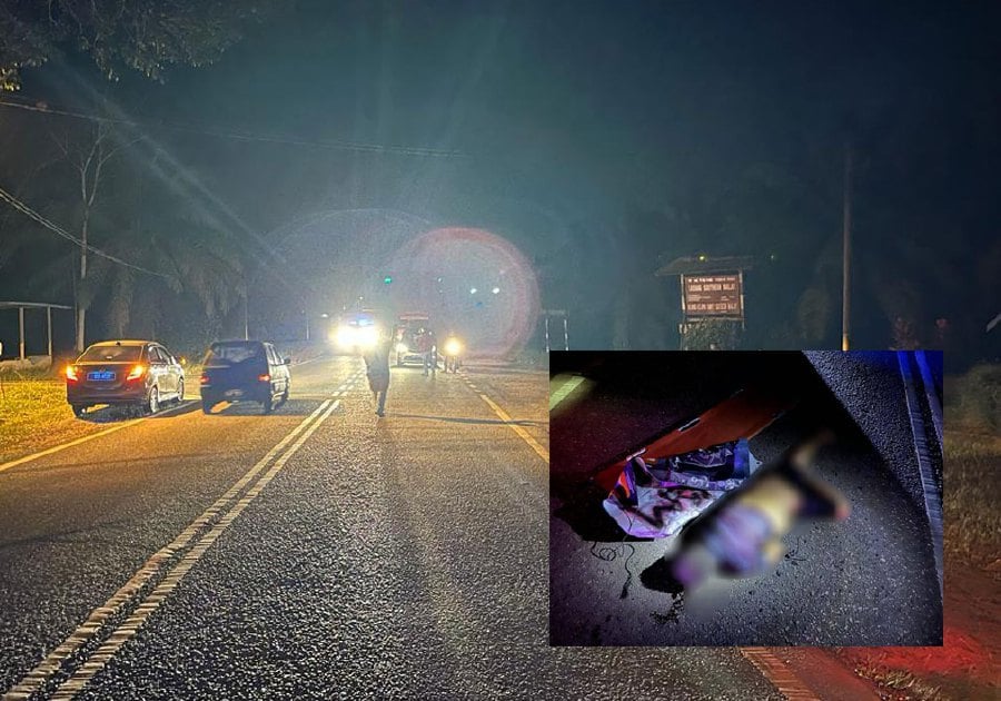 Pedestrian Son Ah Kow, 70, was killed when an MPV crashed into him while he was crossing a dark stretch of road at KM63 of Jalan Johor Baru -Air Hitam, yesterday. - Pic courtesy of Kluang District Police Headquarters.