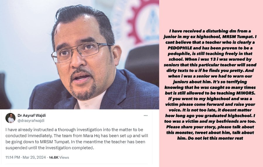 The chairman, Datuk Dr Asyraf Wajdi Dusuki, said a team from Mara headquarters has been set up to conduct the investigation and will soon proceed to MRSM Tumpat.- Pic credit FB drasyrafwajdi
