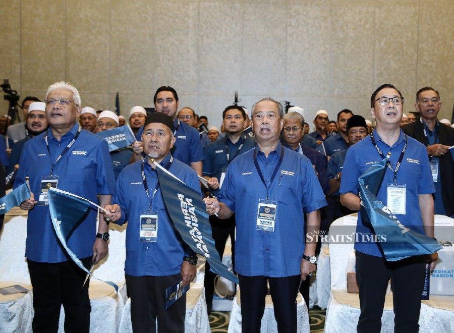 PN chairman Tan Sri Muhyiddin Yassin (third from left) says those in attendance at the PN MPs and Assemblymen Convention today have no intention of emulating the defections of rogue MPs and assemblymen. - NSTP pic