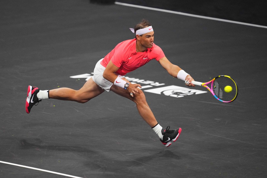 Rafael Nadal in action during The Netflix Slam at Michelob ULTRA Arena in Las Vegas, Nevada. (Photo by Chris Unger / GETTY IMAGES NORTH AMERICA / Getty Images via AFP)