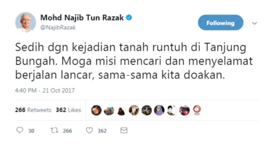 Prime Minister Datuk Seri Najib Razak has expressed his sadness over the landslide in Tanjung Bungah, Penang that occurred this morning via Twiteer. Pic by NSTP/ courtesy of Datuk Seri Najib Razak twitter