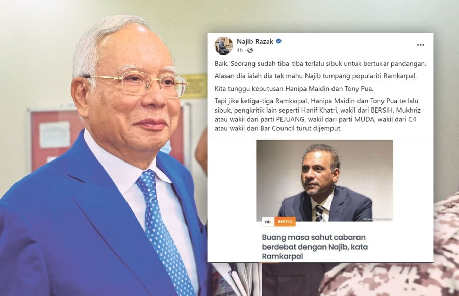 Former prime minister Datuk Seri Najib Razak has hit back at Bukit Gelugor member of parliament Ramkarpal Singh for declining his challenge to a debate.- Pic credit FB Najib Razak