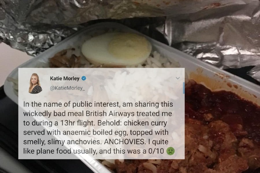 It is unclear where she was flying from, but Katie Morley who was on a British Airways (BA) flight, shared a photo of what she was served on board the aircraft, expressing her disgust with the dish. Pic credit Twitter @KatieMorley_