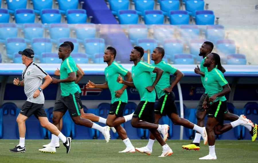 Nigeria players warm up during Nigeria official training session at the Volgograd Arena in Volgograd, Russia.