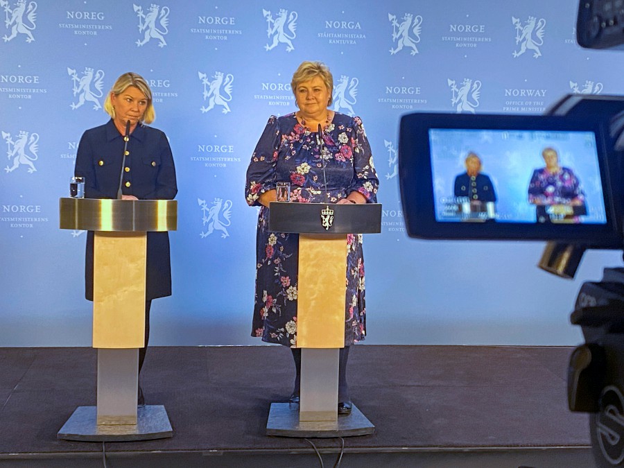  Norway's Prime Minister Erna Solberg (R) and Minister of Justice Monica Maeland (L) after the police briefing on the serious incident in Kongsberg, in Oslo, Norway. - EPA PIC