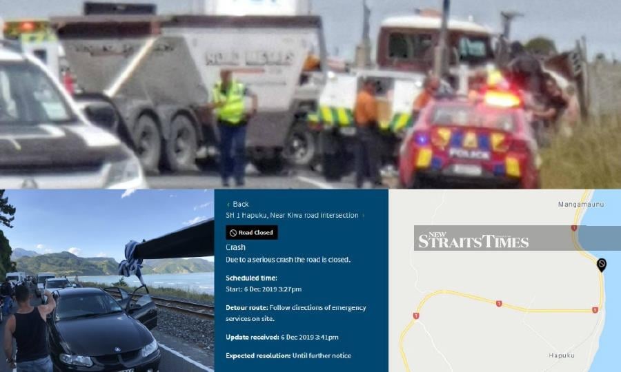 This photo combination made from several images sourced from the internet shows the crash scene (top), the massive traffic gridlock and a travel advisory (bottom, right) issue by New Zealand Transport Agency following the crash at State Highway 1.