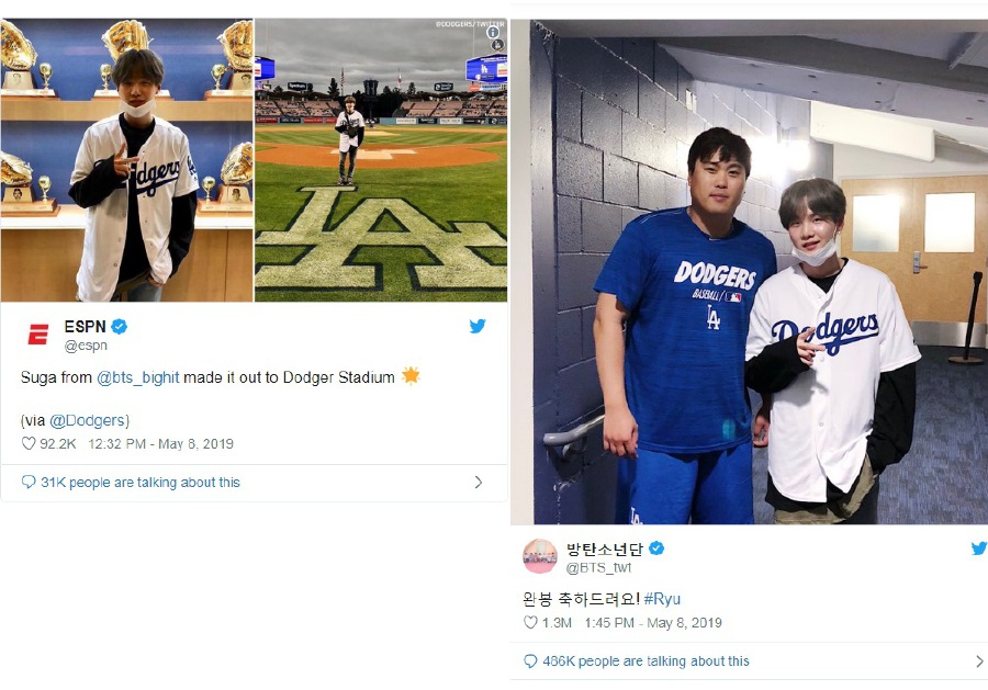 BTS star Yoongi goes to Dodgers game to support Ryu