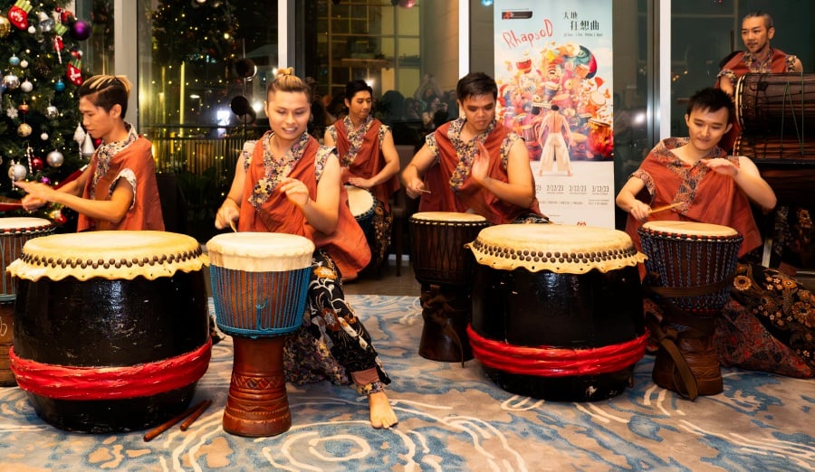 Hands Percussion members performing during a recent press conference in KL to announce the ‘RhapsoD’ show, set to happen at KLPAC from Nov 30 to Dec 3. – Pic courtesy of Hands Percussion