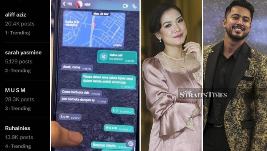The abbreviation of the phrase 'Miss You (U) So Much' (MUSM), as well as the names Aliff Aziz, Ruhainies, Sarah Yasmine, and Bella Astillah were trending topics on X yesterday. (Pics from NSTP, IG and X)
