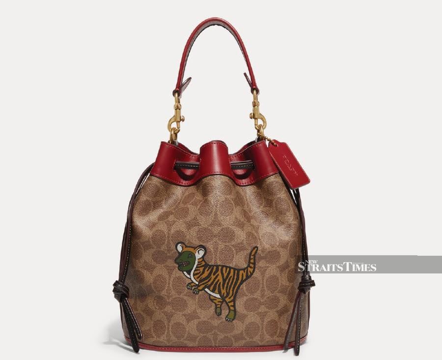 The bucket bag in signature canvas features Rexy dressed as a tiger.