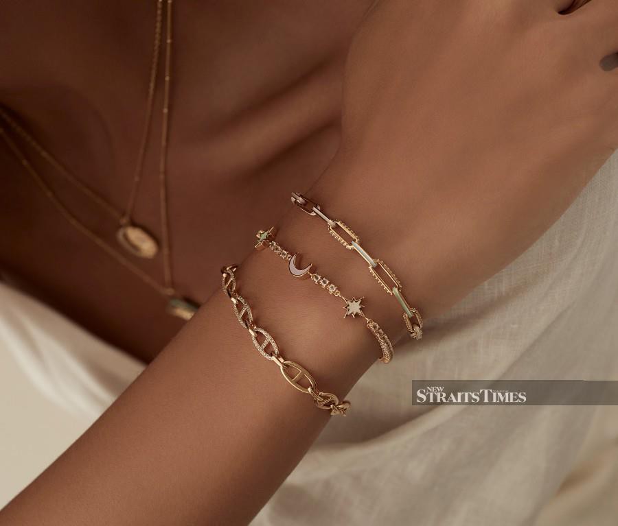 Demi-Fine Multi Link Anchor gold vermeil chain and enamel chain with pave tennis bracelet.