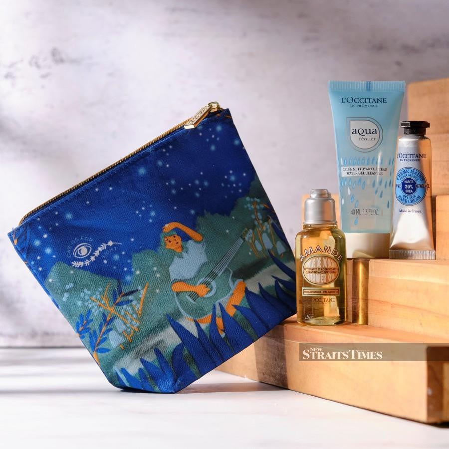 The Caring For Sight Kit pouch designed by Prisca Misyel Wewengkang includes three products -- Shea Hand Cream, Almond Shower Oil and Aqua Reotier Water Gel Cleanser.