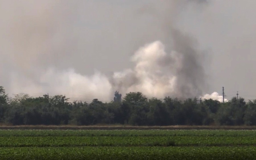In this image taken from video provided by the RU-RTR Russian television on Tuesday, Aug. 16, 2022, smoke rises over the site of explosion at an ammunition storage of Russian army near the village of Mayskoye, Crimea. - AP PIC
