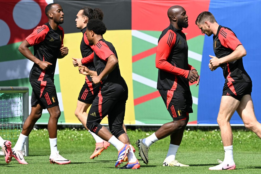 Belgium's forward Romelu Lukaku (2nd R) takes part in a MD-1 training session during the UEFA Euro 2024 football Championship, at the team base camp in Ludwigsburg, near Stuttgart on the eve of their first group match against Slovakia. -AFP PIC