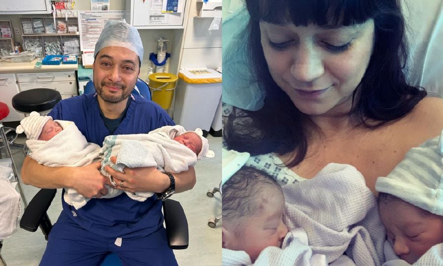 Stephen Rahman-Hughes and wife with their newborn twin boys. Pic credit Instagram stephenrahman_hughes