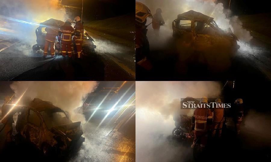 A man was burned to death in a three-vehicle collision in Kulai last night. - Pix courtesy of Fire & Rescue Department.