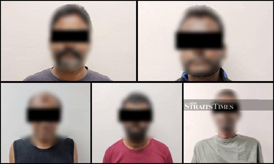 The five suspects nabbed by police in Masai. - Pic courtesy of Johor