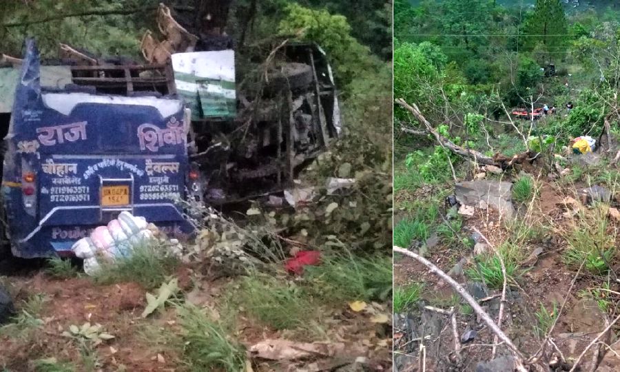 Images sourced from social media shows the scene of the bus crash in Damta, Uttarkashi in India.   