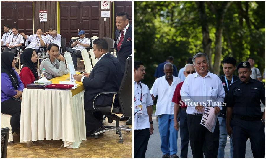 (Left) Hafizah Zainudin presenting her nomination papers to an Election Commission personnel during the nomination process at the Hulu Selangor Sports Complex and Multipurpose Hall. (Right) Chen Bong Lai seen arriving at the hall ahead of the nomination process. -NSTP/EIZAIRI SHAMSUDIN & SAIFULLIZAN TAMADI
