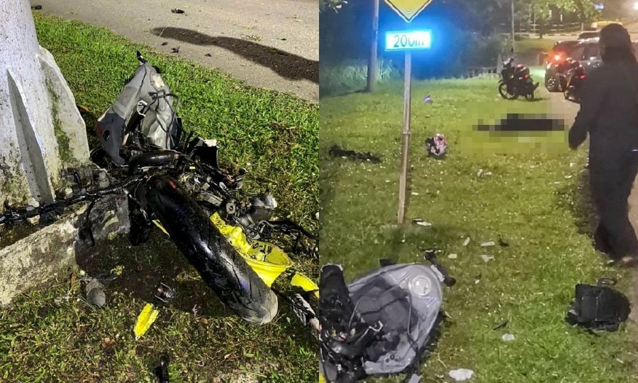 Two friends killed after the motorcycle they were riding crashed into a road sign post in Kluang, Johor. Pics sourced from social media