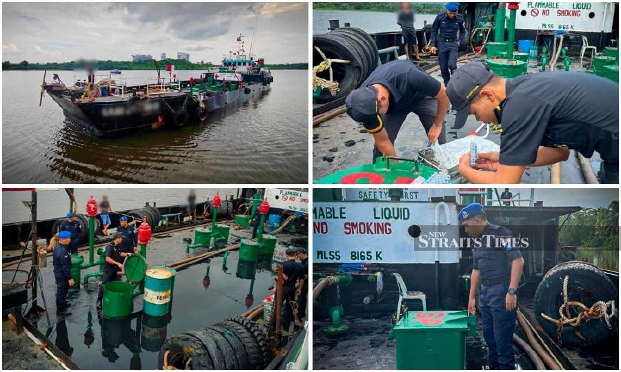 Officers inspecting the tanker after it was stopped in the Sarawak River. - Pic courtesy of KPDN