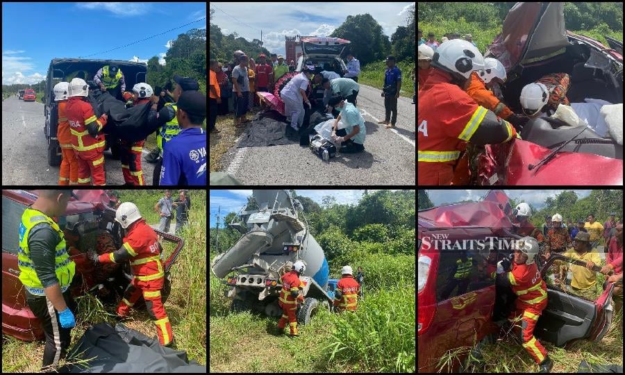 Firemen on the scene following the collision involving two vehicles at Jalan Stumbin, Sri Aman. - Pic courtesy of Fire and Rescue Dept.