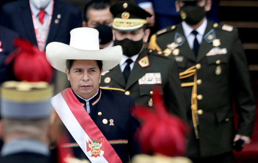 Peru's President Pedro Castillo walks out the Congress after his swearing-in ceremony, in Lima, Peru, on July 28, 2021. - REUTERS FILE PIC