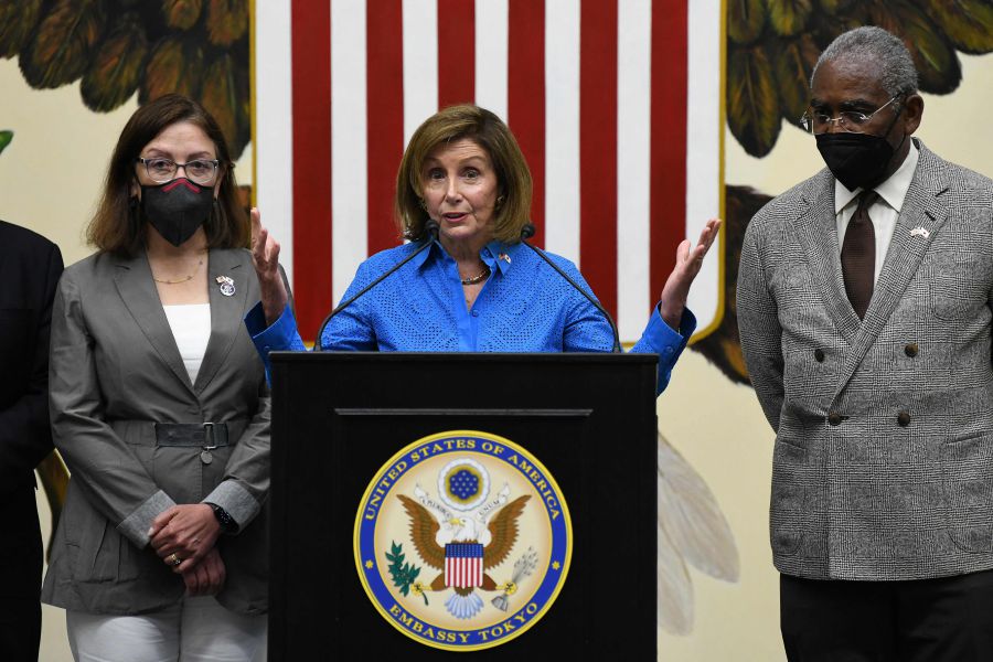 US House Speaker Nancy Pelosi (C) speaks as members of the US Congress, Gregory Meeks (R) and Suzan DelBene (L), look on during a press conference at the US Embassy in Tokyo on August 5, 2022. - AFP PIC
