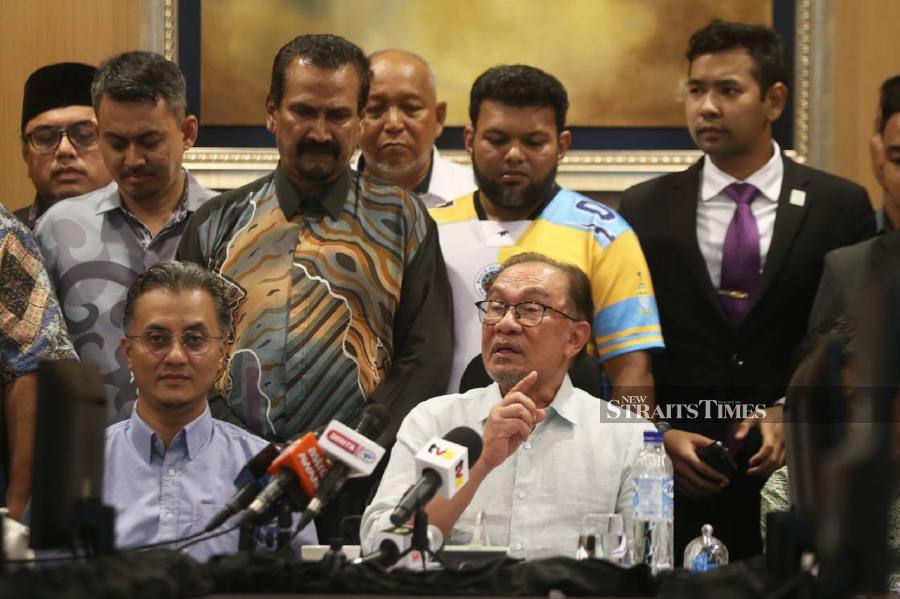 Prime Minister Datuk Seri Anwar Ibrahim speaking to reporters after chairing the Penang Bumiputera Development Council meeting at The Light Hotel, Seberang Prai. NSTP/ DANIAL SAAD