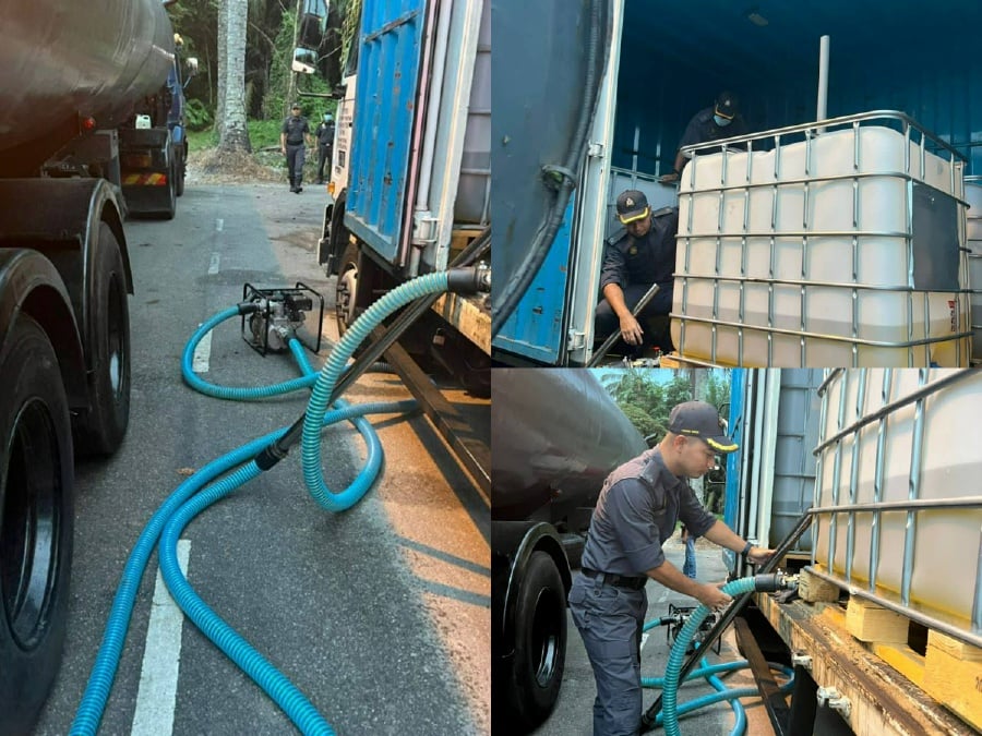 The Penang branch of the Domestic Trade and Consumer Affairs Ministry foiled an attempt to misappropriate subsidised diesel by seizing 17,2000 litres during a raid on a tanker and bonded lorries, yesterday. - Pic courtesy of KPDNHEP Penang 