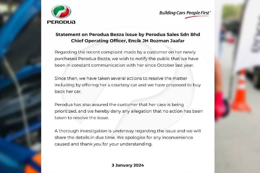 Perusahaan Otomobil Kedua Sdn Bhd (Perodua) has conducted a comprehensive investigation regarding the issue of a Perodua Bezza car that malfunctioned within eight hours after being purchased by a clerk. - Pic from Perodua Facebook