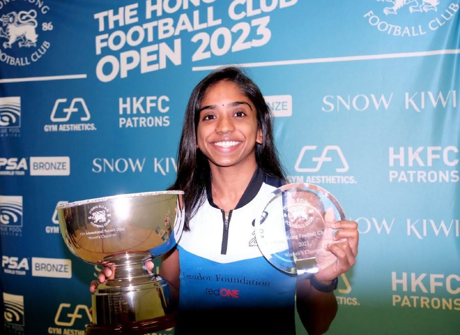 S. Sivasangari poses with her trophies after winning the Hong Kong Football Club Open. -- PIC FROM HKFC OPEN 