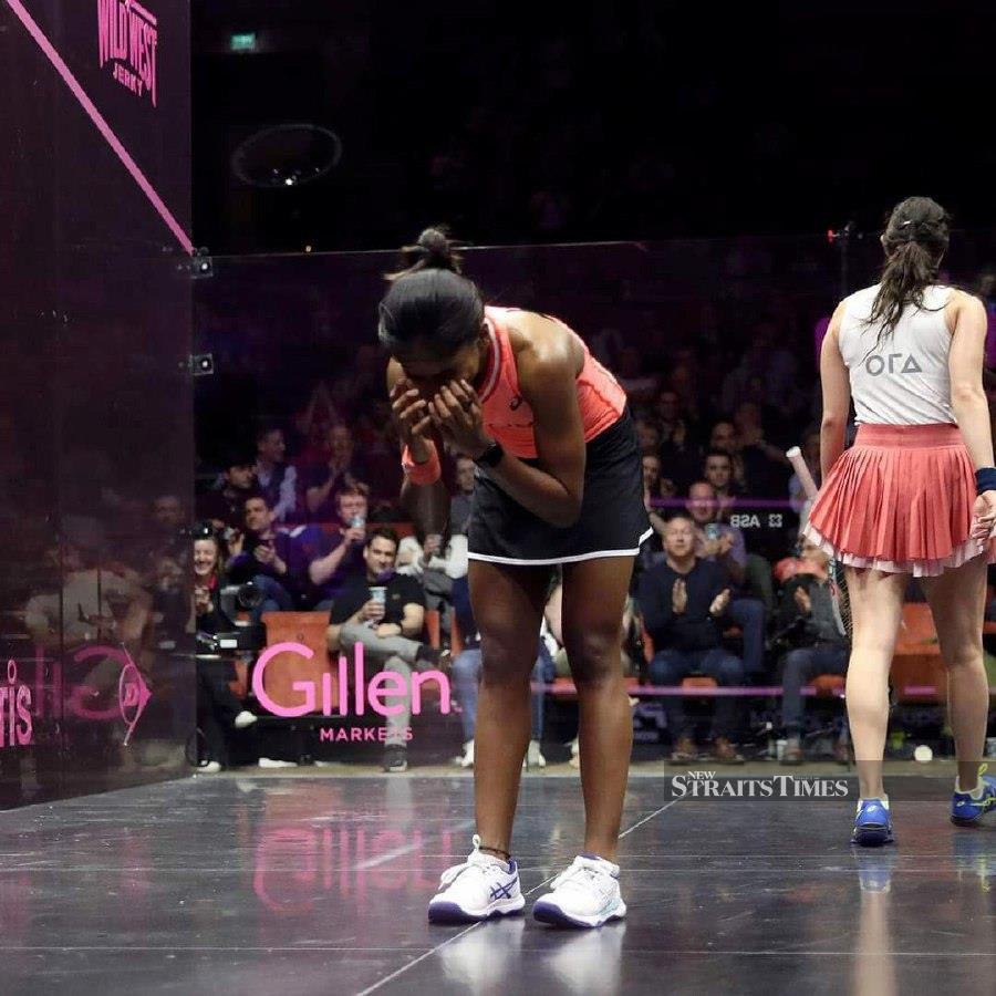S. Sivasangari (left) celebrates after overcoming Egyptian Nour El Sherbini in the London Classic quarter-finals on Saturday (March 30). — PIC FROM PSA TOUR 