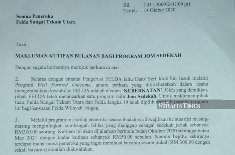 In the letter addressed to all settlers of Felda Sg Tekam Utara, it informed that Felda had launched a programme called "Jom Sedekah".