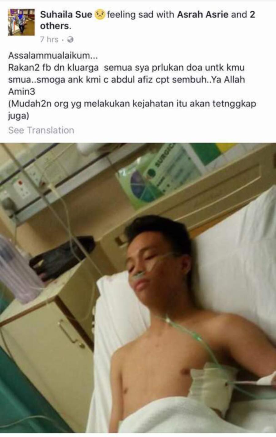 A Facebook posting by Hafiz Abdul Asrah’s mother showing the victim lying on a hospital bed that has gone viral. Pix by Awang Ali Omar