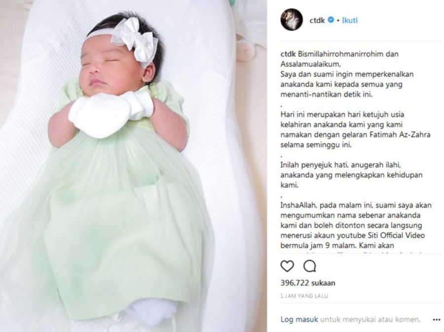 #Showbiz: Wait over, Siti Nuhaliza's baby girl named Siti 