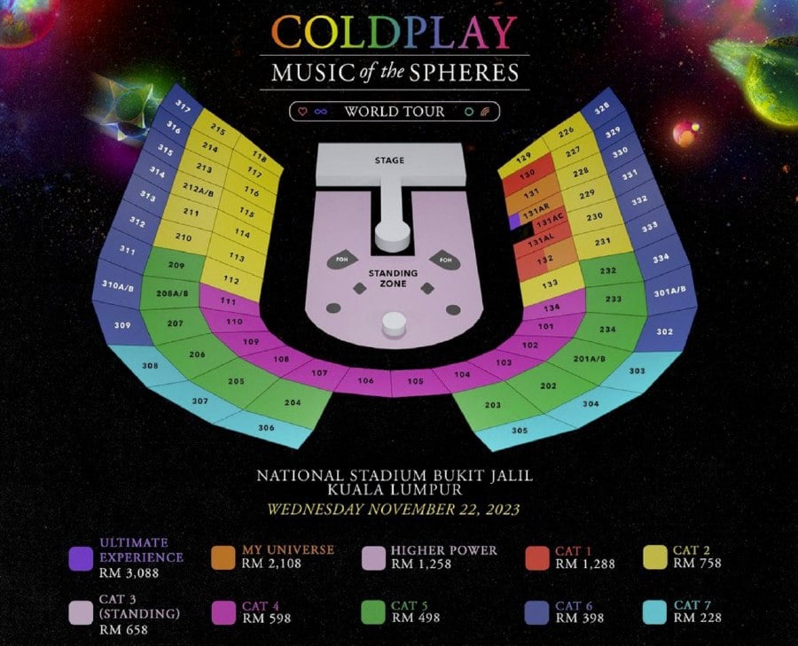 Ticket prices for the upcoming Coldplay concert in KL are priced from RM228 to RM3088. - Pic courtesy of Live Nation Malaysia