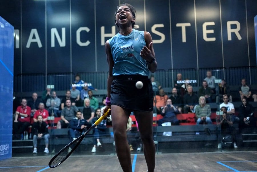S. Sivasangari celebrates after beating Rowan Elaraby in the second round of the Manchester Open on Thursday. - Pic credit SQUASHSITE