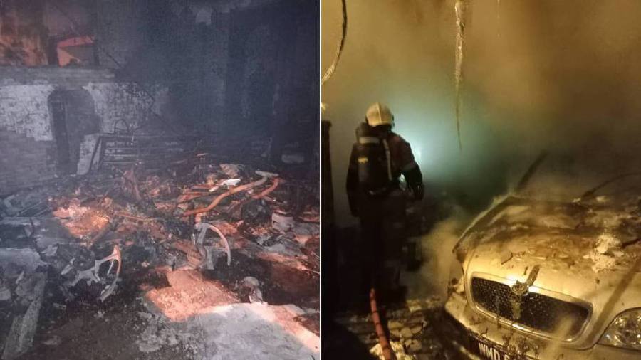 The fire spread to the victim's vehicles; a Naza Ria MPV, Nissan Vanette van and three motorcycles that ended up being destroyed.- Pic courtesy of Fire and Rescue Department