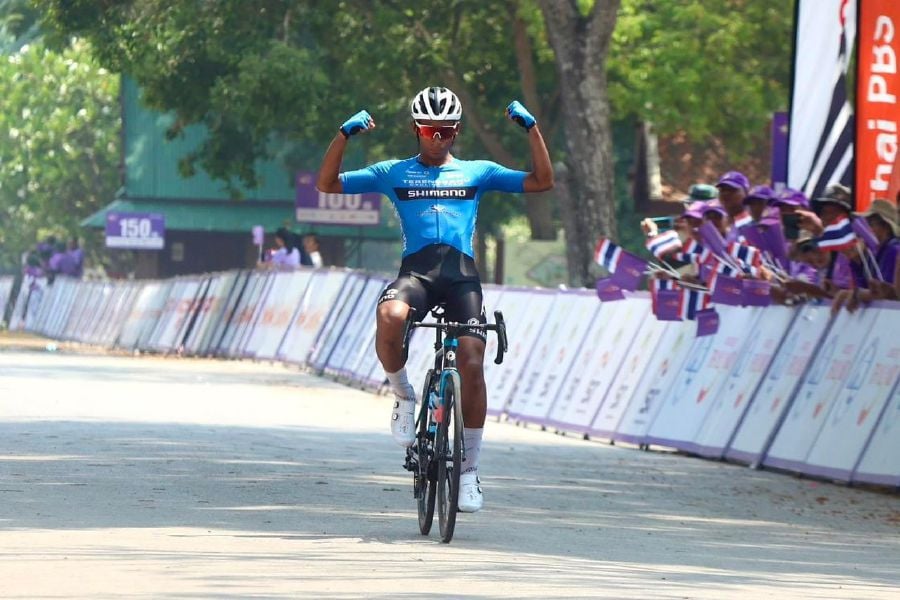 Nur Aiman Rosli celebrates winning the second stage of the Tour of Thailand today. Pic courtesy of Sharonjane Liau.