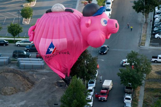 The Bank of American Fork piggy bank balloon crash lands near Utah Valley Regional Medical Centre. AP Photo. 