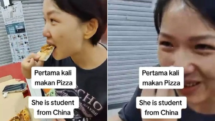 A woman from China who is currently studying at UPSI here caught the attention of netizens after a video of her shedding tears of joy at eating pizza for the very first time in her life went viral on TikTok. - Pic credit TikTok @Coach Aizat