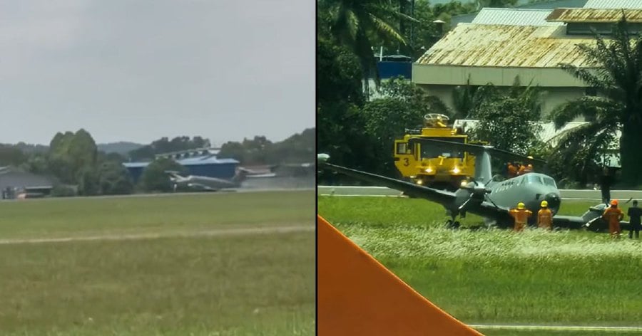 In a video shared on social media, the aircraft was seen skidding off the runway of the airport after one of its landing gear had failed to extend. - Pic credit @abdulazimazhar