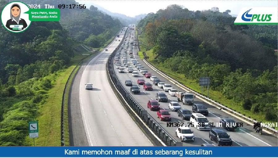 A spokesperson for PLUS Malaysia Berhad said that as of 9am, traffic has increased at Permatang Pauh-Perai, Slim River-Sungkai, Setia Alam-Shah Alam and Bandar Gamuda Cove-Bandar Saujana Putra.- Pic credit X Plustraffic