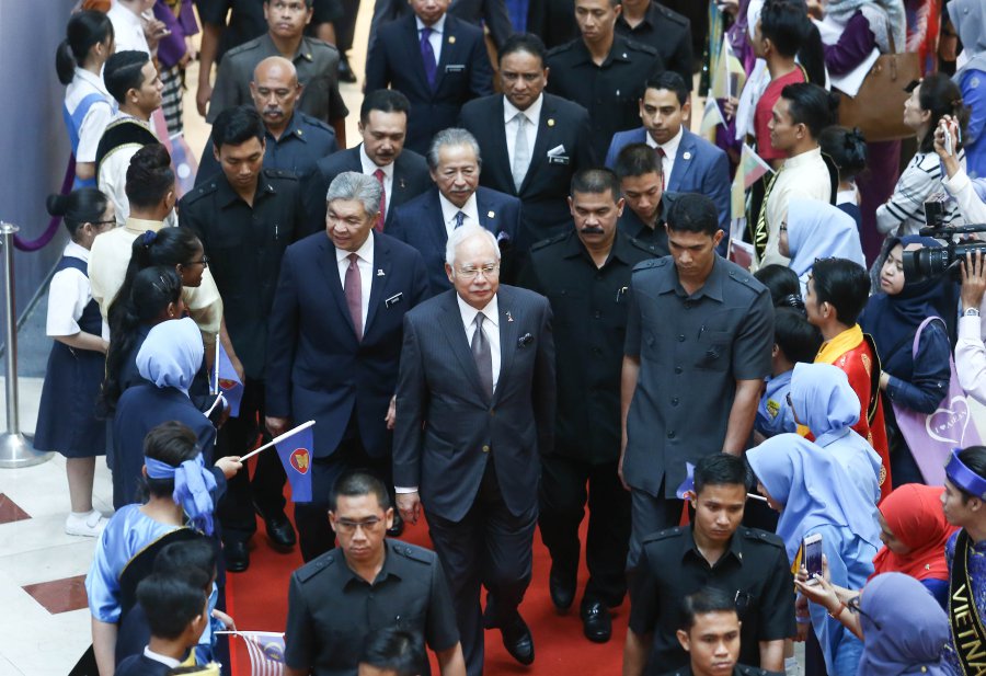 Prime Minister Datuk Seri Najib Razak, his Deputy, Datuk Seri Dr Ahmad Zahid Hamidi and Foreign Minister Datuk Seri Anifah Aman arrive for the Asean 50th anniversary celebration at Suria KLCC. Pix by MUHD ZAABA ZAKERIA