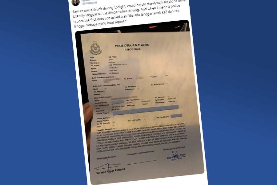 Police are investigating an incident, which has gone viral on social media, about a woman claiming that she was belittled by police personnel while lodging a report in Ipoh at midnight. - Pic source from Social Media