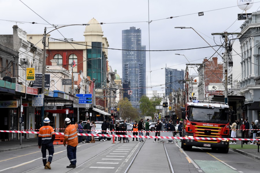 Emergency services on scene after Betty’s Burgers on Chappel Street in Windsor was damaged following an earthquake, Melbourne, Australia. - EPA PIC