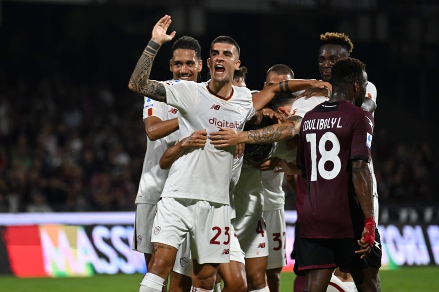 Roma's Bryan Cristante jubilates after scoring a goal during the Italian Serie A soccer match US Salernitana vs AS Roma at the Arechi stadium in Salerno, Italy. - EPA PIC